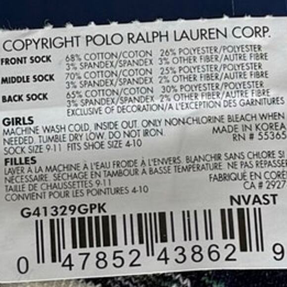 Polo Ralph Lauren Girl's Socks Polo Bear Set of 3 pairs 4-10 shoes 9-11 socks - Picture 7 of 7